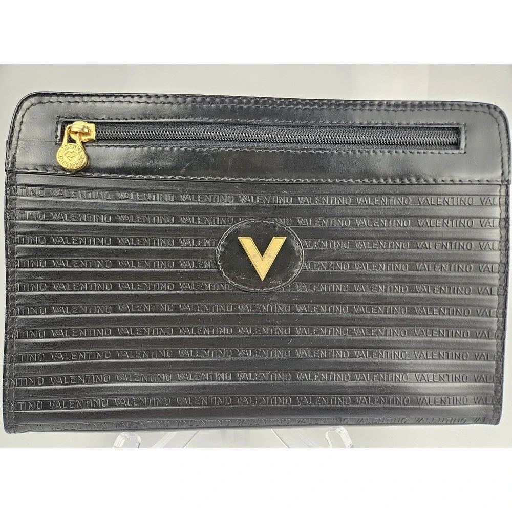 Valentino by Mario Valentino V Logo Signature Black‎ Leather Clutch Bag